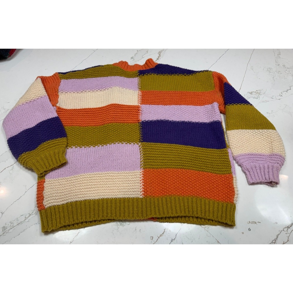 Patchwork Knit‎ Cardigan Sweater Orange Purple Green Cream Size S - Picture 2 of 5